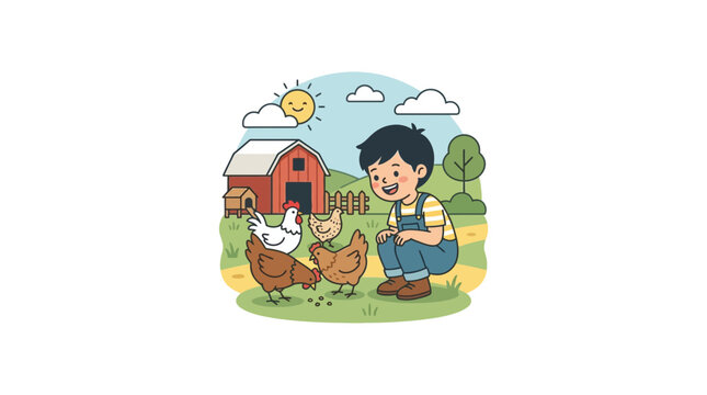A young boy crouching down to interact with two chickens on a farm.