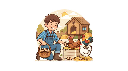 A young boy collecting fresh eggs from a chicken coop on a farm. © Watirah_Martodimejo