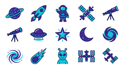 Space Icons: Planets, Rockets, Astronaut, UFO, Stars, Moon, Galaxy, Meteor, Alien, Satellite © Chicken