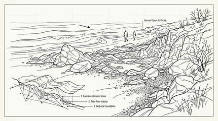 Obraz premium Coastal Erosion Diagram with Foreshore, Tidal Pool, and Bedrock Labels