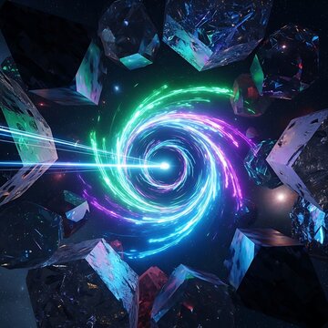 Glowing cosmic vortex surrounded by floating crystalline fragments