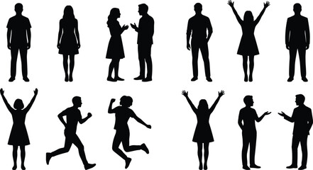 Minimalist black silhouettes of diverse people in active and standing poses showcasing communication, interaction, movement, and expressive human body language illustration © Sohel