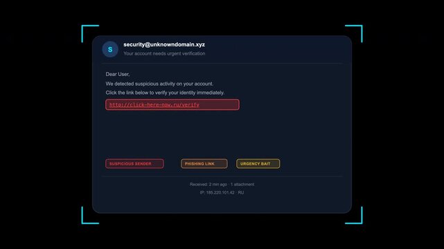 Malicious email security alert overlay for protecting against phishing links. Suitable for cybersecurity concepts and online safety education materials.