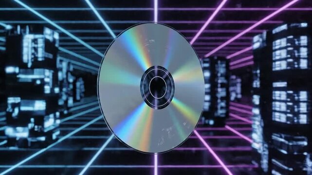 Compact disc floating in a digital grid cyberspace environment