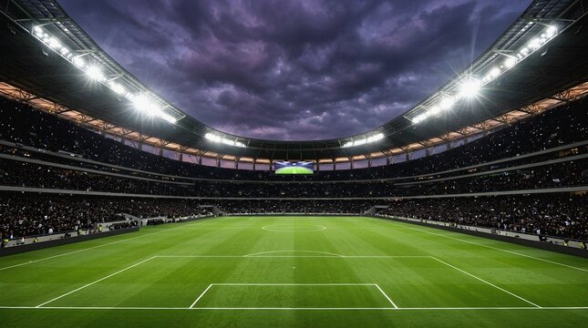 Large soccer stadium filled with spectators under a dramatic twilight sky