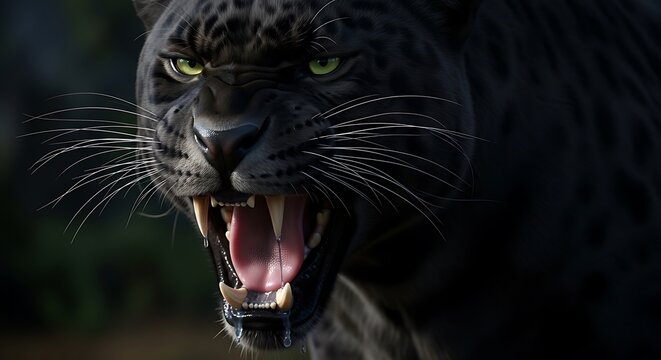 Close up of a black leopard snarling with bared teeth