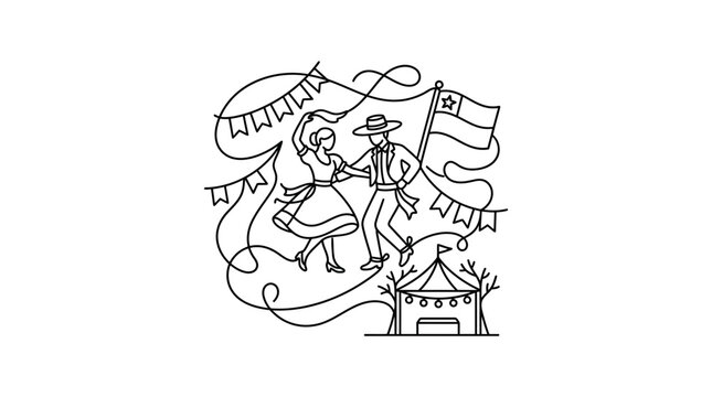 Line art illustration of a couple dancing the cueca with a Chilean flag and festive decorations.