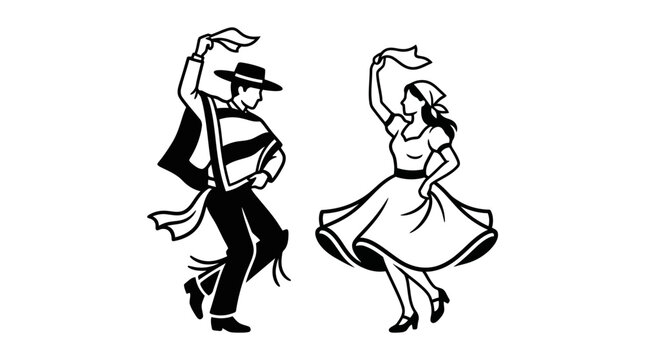 A black and white illustration of a couple performing a traditional Chilean Cueca folk dance.