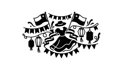 Obraz premium Black and white illustration of Chilean independence day celebration elements.