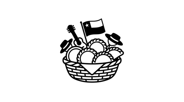 Black and white illustration of a basket filled with Chilean empanadas and traditional cultural symbols.