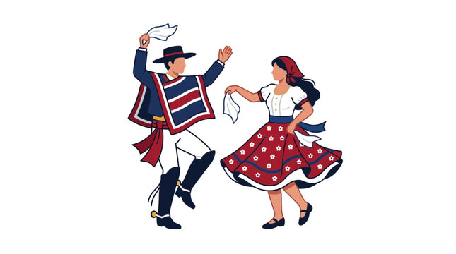A man and a woman performing the traditional Chilean Cueca dance.