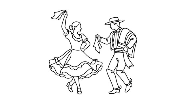 A black and white line art illustration of a couple performing a traditional Chilean cueca dance.