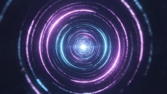 Concentric neon light circles forming a digital tunnel.