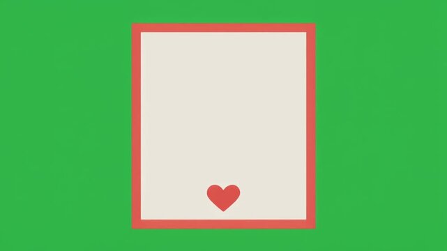 Minimalist rectangular frame with a small red heart isolated on a solid green chroma key background.