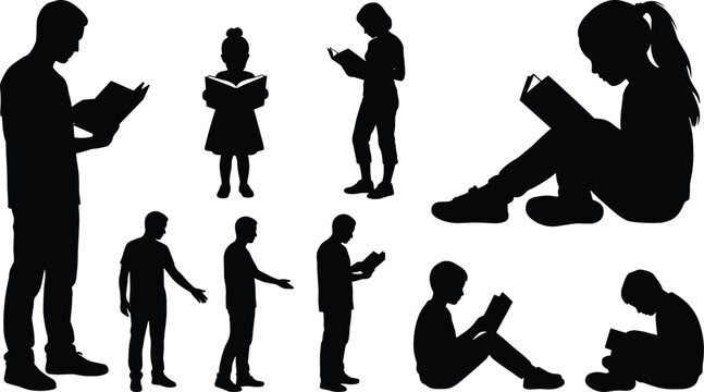 Silhouette illustration of adults and children reading books in various poses, symbolizing education, learning, knowledge sharing, and lifelong literacy