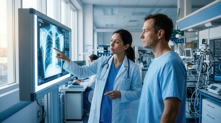 Fototapeta premium Doctor And Patient Reviewing Chest X-Ray In Modern Hospital Room Showing Healthcare Collaboration