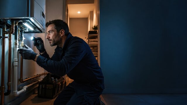 Man repairing plumbing under a sink with a wrench