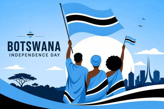 Three individuals celebrating Botswana Independence Day with flags against a blue skyline.