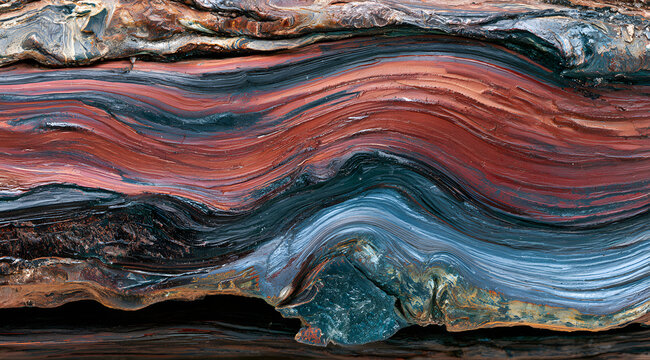 Polished layered formation featuring hematite and magnetite layers