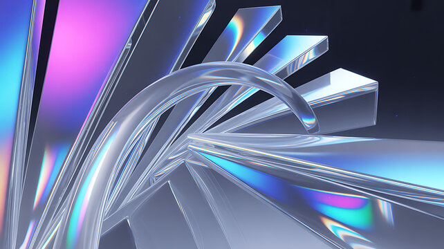 Abstract glass prism arc and radiating panels with holographic gradient highlights sleek sci fi technology background keynote slides hero wallpaper