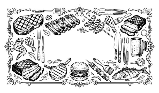 Barbecue Meat Frame Engraved Vintage Vector Illustration EPS 10