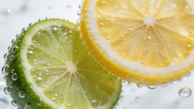 Sliced lemon and lime in bubbly liquid emphasizing fluid motion and vibrant color palettes