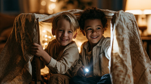 Cozy Hideaway: Two young boys share a magical moment inside a blanket fort, illuminated by fairy lights and the glow of a flashlight, their faces alight with wonder and friendship.