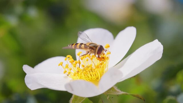 Macro video of hoverfly feeding on pollen of white flower in bright daylight.