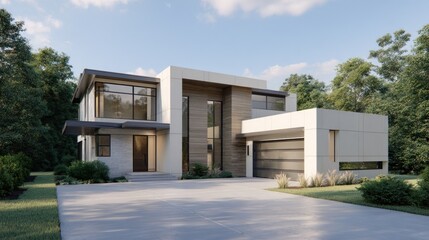 Fototapeta premium Modern luxury house exterior with driveway and trees