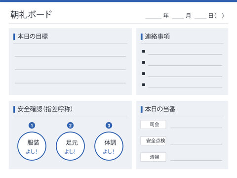 Morning meeting board template flat vector editable four section daily goal announcements safety check duty roster japanese workplace