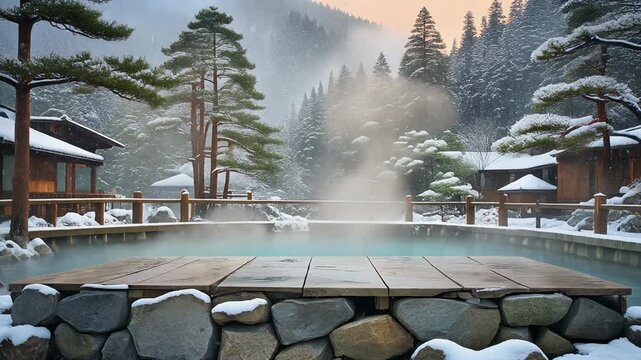 Steaming hot spring outdoor pool in a snowy Japanese mountain landscape. Winter video background with wide copy space.