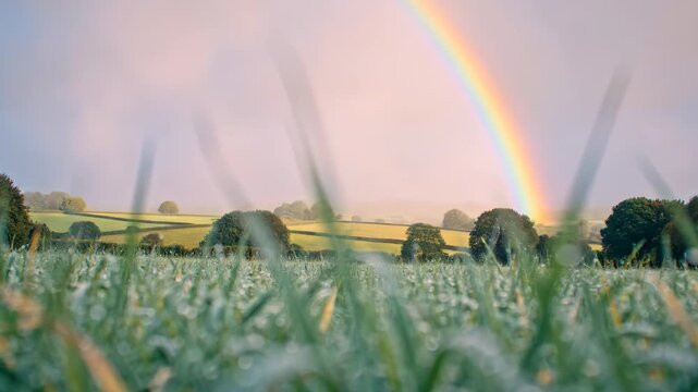Dew covered grass swaying after rain with focus shift from foreground to rainbow over countryside landscape