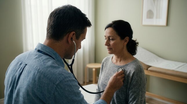 Doctor Examining Patient With Stethoscope In Medical Room