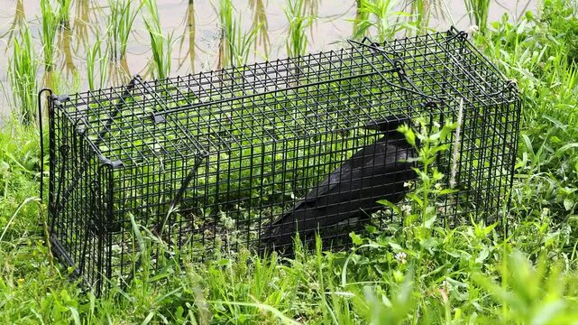 害獣捕獲用の罠に間違えて捕まったカラス