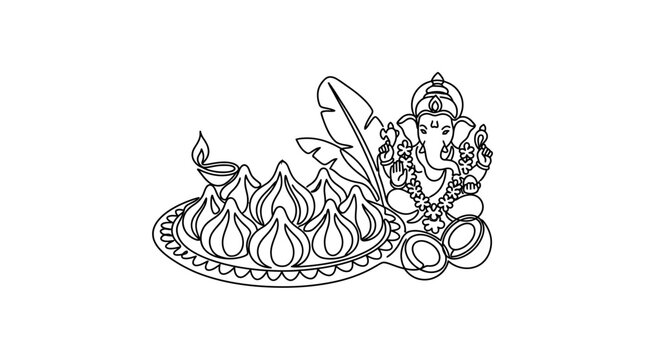 Line art illustration of Lord Ganesha with modak sweets and traditional offerings.