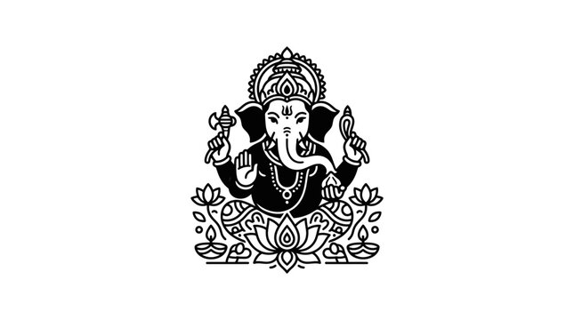 Black and white line art illustration of Lord Ganesha seated on a lotus flower.