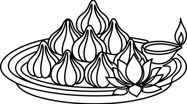 A black and white line art illustration of traditional Indian modak sweets on a plate.