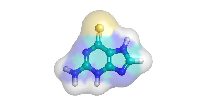 Thioguanine, antimetabolite and anticancer drug for acute myeloid leukemia, 3D molecule 4K