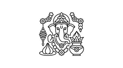 Fototapeta premium Line art illustration of Lord Ganesha with traditional offerings and festive decorations.