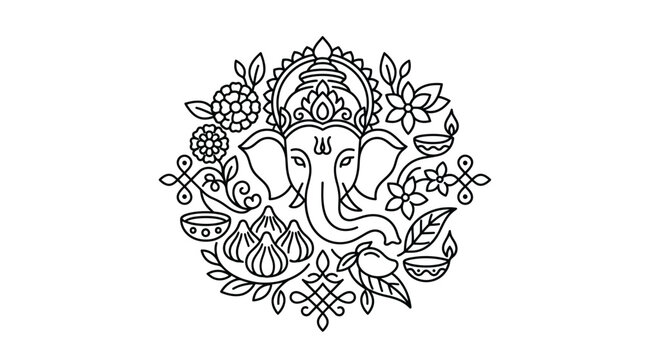 Line art illustration of Lord Ganesha surrounded by traditional festive elements.