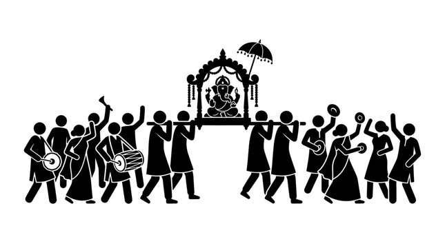 A silhouette illustration of a traditional Indian festival procession featuring Lord Ganesha.