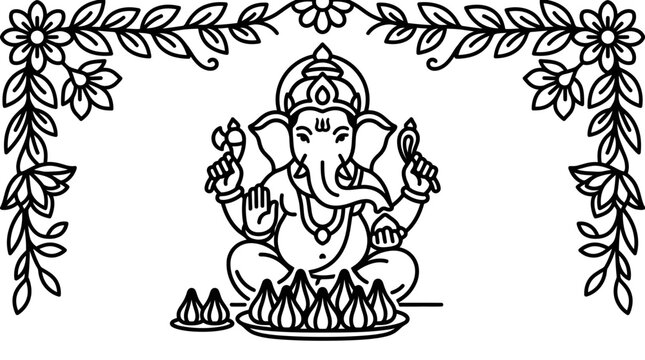 Line art illustration of Lord Ganesha sitting with modaks.