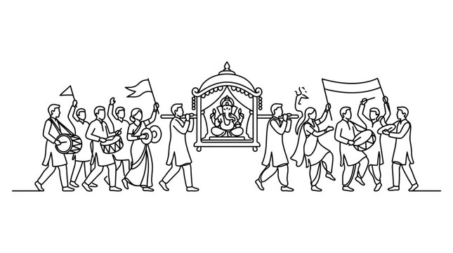 Line art illustration of a festive Indian procession carrying a Ganesha idol.