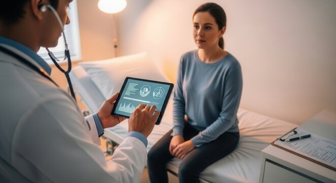Doctor Explains Medical Data Illustrated On Tablet To Patient Consultation