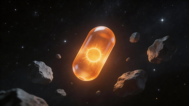 Glass capsule with sun in space representing the awe-inspiring power of nature