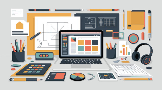 Creative professional workspace layout with a laptop computer tablet pencils color palettes and architectural plans.