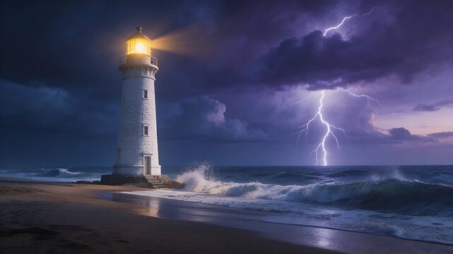 Lighthouse on beach with stormy sky ideal for travel vlogs and eco-friendly campaigns