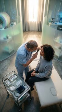 Doctor Performing Ear Examination On Patient In Modern Medical Clinic