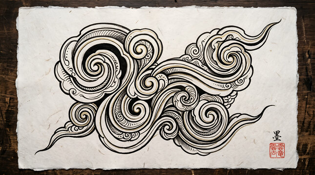 Japanese clouds tattoo design on traditional textured paper