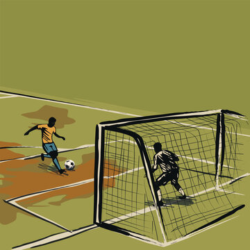 Soccer penalty kick moment hand drawn style on green square background have blank space.